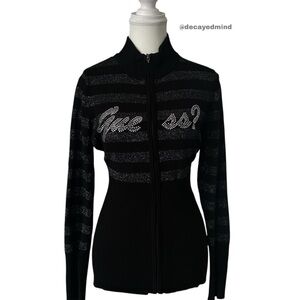 Y2K “GUESS” Black & Grey Shiny Striped Rhinestone Knit Zip-up Top